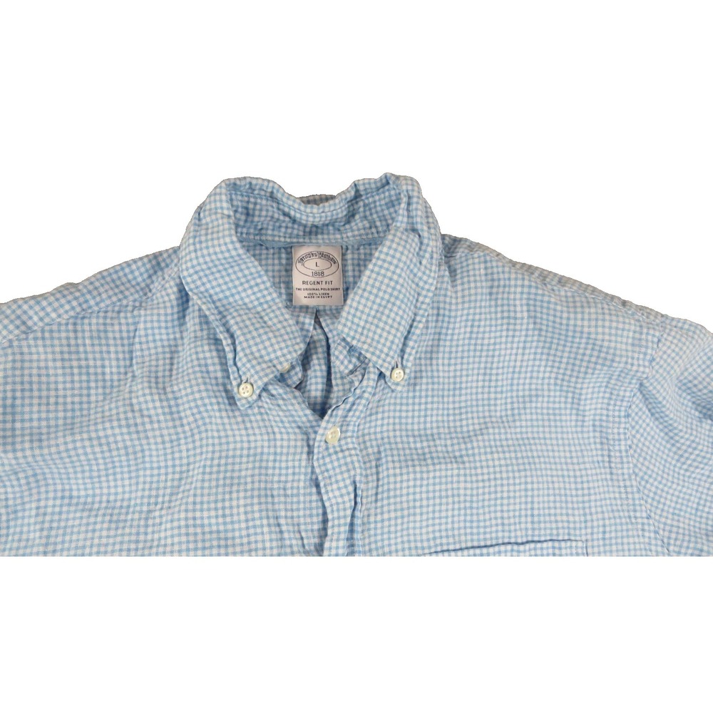 Brooks Brothers Regent Fit Shirt Linen Gingham Blue White Men Large Short Sleeve - Picture 4 of 6